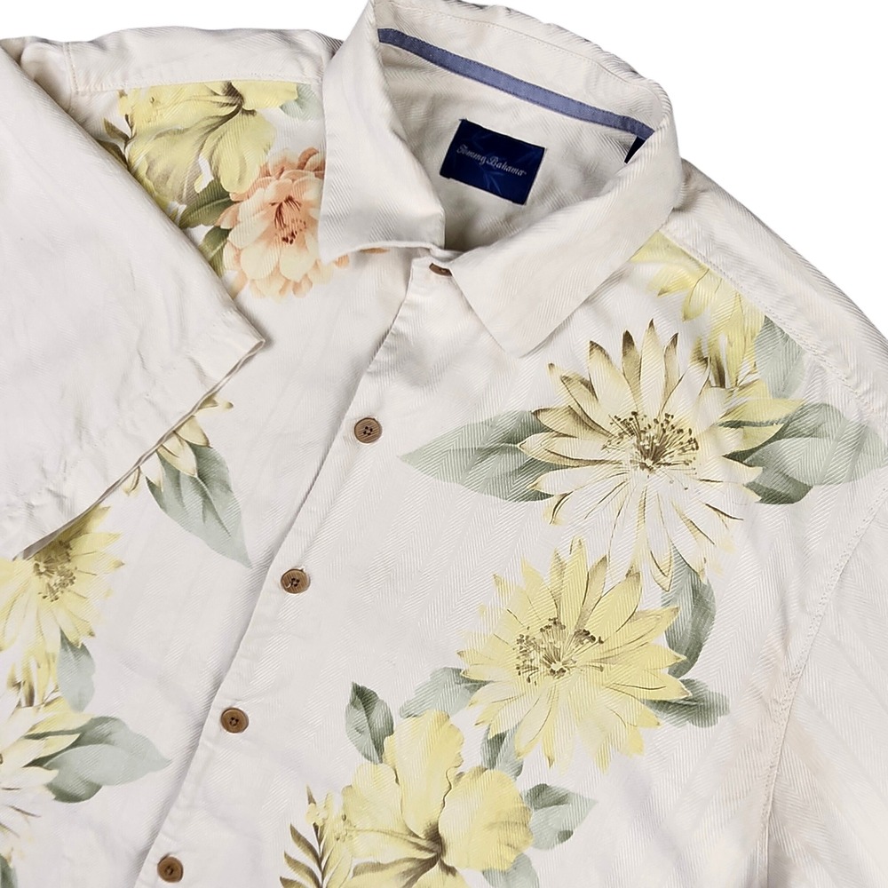 VTG Tommy Bahama Silk Floral Camp Shirt Mens XL Cream Aloha Hawaiian Tropical